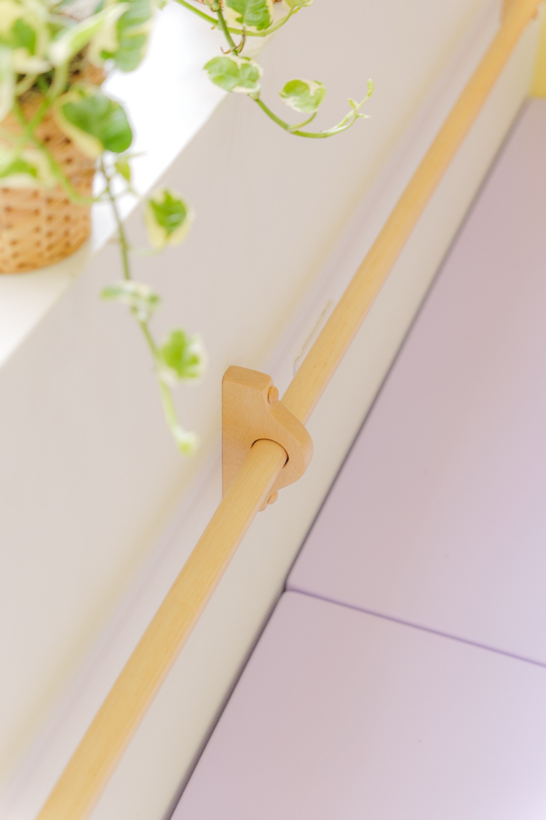 Detalle de pasamanos de madera y planta