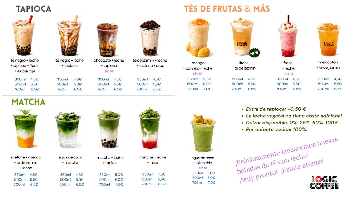Carta de bubble tea, matcha y tés de frutas